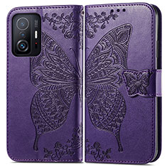 Funda de Cuero Cartera con Soporte Mariposa Carcasa para Xiaomi Mi 11T 5G Morado