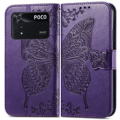 Funda de Cuero Cartera con Soporte Mariposa Carcasa para Xiaomi Poco M4 Pro 4G Morado