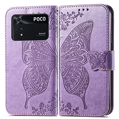 Funda de Cuero Cartera con Soporte Mariposa Carcasa para Xiaomi Poco M4 Pro 4G Purpura Claro