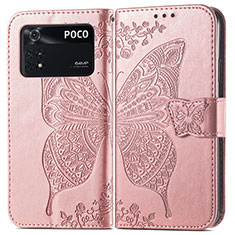 Funda de Cuero Cartera con Soporte Mariposa Carcasa para Xiaomi Poco M4 Pro 4G Rosa