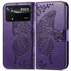 Funda de Cuero Cartera con Soporte Mariposa Carcasa para Xiaomi Poco X4 Pro 5G Morado