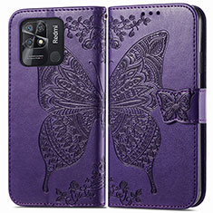 Funda de Cuero Cartera con Soporte Mariposa Carcasa para Xiaomi Redmi 10 Power Morado