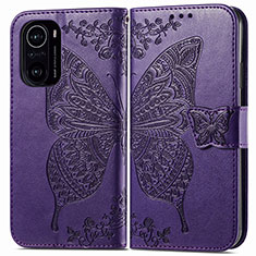 Funda de Cuero Cartera con Soporte Mariposa Carcasa para Xiaomi Redmi K40 5G Morado