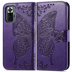 Funda de Cuero Cartera con Soporte Mariposa Carcasa para Xiaomi Redmi Note 10 Pro 4G Morado