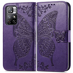 Funda de Cuero Cartera con Soporte Mariposa Carcasa para Xiaomi Redmi Note 11 5G Morado