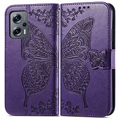 Funda de Cuero Cartera con Soporte Mariposa Carcasa para Xiaomi Redmi Note 11T Pro 5G Morado