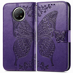 Funda de Cuero Cartera con Soporte Mariposa Carcasa para Xiaomi Redmi Note 9 5G Morado