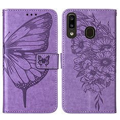 Funda de Cuero Cartera con Soporte Mariposa Carcasa Y01B para Samsung Galaxy A20 Purpura Claro