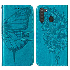 Funda de Cuero Cartera con Soporte Mariposa Carcasa Y01B para Samsung Galaxy A21 Azul