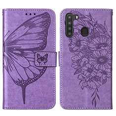 Funda de Cuero Cartera con Soporte Mariposa Carcasa Y01B para Samsung Galaxy A21 Purpura Claro