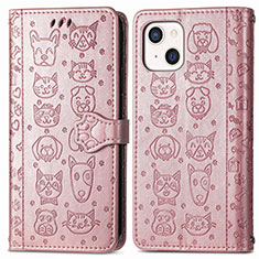 Funda de Cuero Cartera con Soporte Patron de Moda Carcasa H11 para Apple iPhone 15 Plus Oro Rosa