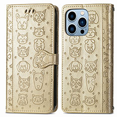 Funda de Cuero Cartera con Soporte Patron de Moda Carcasa H12 para Apple iPhone 13 Pro Max Oro