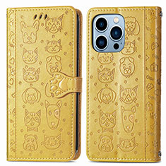 Funda de Cuero Cartera con Soporte Patron de Moda Carcasa H12 para Apple iPhone 15 Pro Amarillo