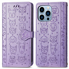 Funda de Cuero Cartera con Soporte Patron de Moda Carcasa H12 para Apple iPhone 15 Pro Max Morado