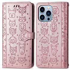 Funda de Cuero Cartera con Soporte Patron de Moda Carcasa H12 para Apple iPhone 16 Pro Oro Rosa