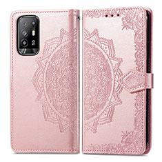 Funda de Cuero Cartera con Soporte Patron de Moda Carcasa para Oppo Reno5 Z 5G Oro Rosa