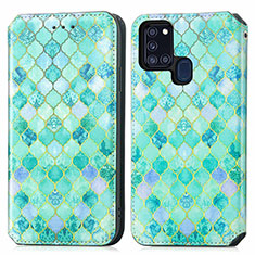 Funda de Cuero Cartera con Soporte Patron de Moda Carcasa S02D para Samsung Galaxy A21s Verde