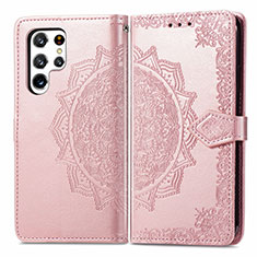 Funda de Cuero Cartera con Soporte Patron de Moda Carcasa S02D para Samsung Galaxy S22 Ultra 5G Oro Rosa