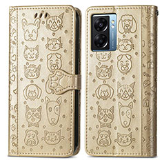 Funda de Cuero Cartera con Soporte Patron de Moda Carcasa S03D para Oppo A77 5G Oro