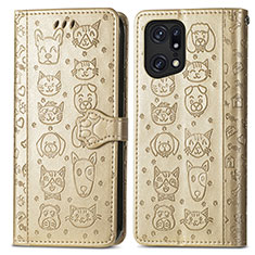 Funda de Cuero Cartera con Soporte Patron de Moda Carcasa S03D para Oppo Find X5 Pro 5G Oro