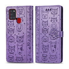 Funda de Cuero Cartera con Soporte Patron de Moda Carcasa S03D para Samsung Galaxy A21s Morado