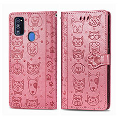 Funda de Cuero Cartera con Soporte Patron de Moda Carcasa S03D para Samsung Galaxy M21 Oro Rosa