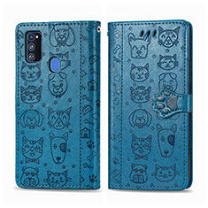 Funda de Cuero Cartera con Soporte Patron de Moda Carcasa S03D para Samsung Galaxy M30s Azul