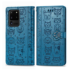 Funda de Cuero Cartera con Soporte Patron de Moda Carcasa S03D para Samsung Galaxy S20 Ultra 5G Azul