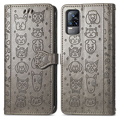 Funda de Cuero Cartera con Soporte Patron de Moda Carcasa S03D para Vivo V21e 4G Gris