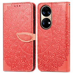 Funda de Cuero Cartera con Soporte Patron de Moda Carcasa S04D para Huawei P50 Rojo