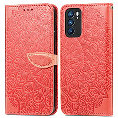 Funda de Cuero Cartera con Soporte Patron de Moda Carcasa S04D para Oppo Reno6 5G Rojo