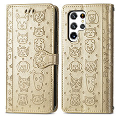 Funda de Cuero Cartera con Soporte Patron de Moda Carcasa S05D para Samsung Galaxy S24 Ultra 5G Oro