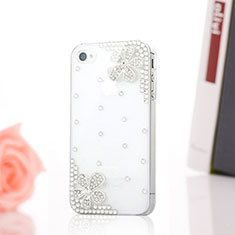 Funda Dura Rigida Lujo Diamante Brillante Flores para Apple iPhone 4 Blanco