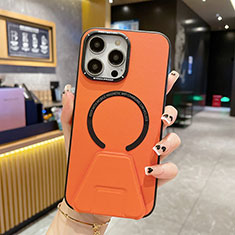 Funda Lujo Cuero Carcasa con Mag-Safe Magnetic QC2 para Apple iPhone 15 Pro Max Naranja