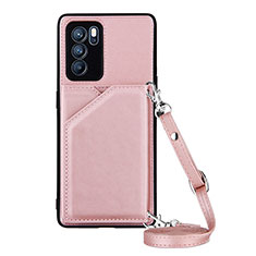 Funda Lujo Cuero Carcasa Y02B para Oppo Reno6 Pro 5G India Oro Rosa