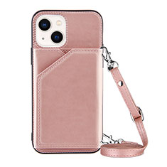 Funda Lujo Cuero Carcasa Y04B para Apple iPhone 14 Oro Rosa