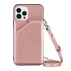 Funda Lujo Cuero Carcasa Y04B para Apple iPhone 16 Pro Max Oro Rosa