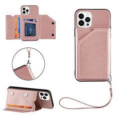 Funda Lujo Cuero Carcasa Y06B para Apple iPhone 13 Pro Oro Rosa