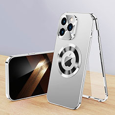 Funda Lujo Marco de Aluminio Carcasa 360 Grados con Mag-Safe Magnetic P01 para Apple iPhone 16 Pro Max Plata