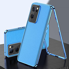 Funda Lujo Marco de Aluminio Carcasa 360 Grados P01 para Oppo Reno7 SE 5G Azul