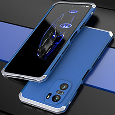 Funda Lujo Marco de Aluminio Carcasa 360 Grados P01 para Xiaomi Poco F3 5G Plata y Azul