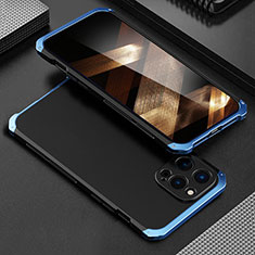 Funda Lujo Marco de Aluminio Carcasa 360 Grados para Apple iPhone 16 Pro Max Azul y Negro