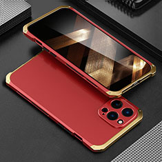 Funda Lujo Marco de Aluminio Carcasa 360 Grados para Apple iPhone 16 Pro Max Oro y Rojo