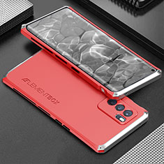 Funda Lujo Marco de Aluminio Carcasa 360 Grados para Oppo Reno6 Pro 5G India Plata y Rojo