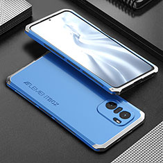 Funda Lujo Marco de Aluminio Carcasa 360 Grados para Xiaomi Poco F3 5G Plata y Azul