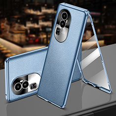 Funda Lujo Marco de Aluminio y Cuero Carcasa 360 Grados P01 para Oppo Reno10 Pro+ Plus 5G Azul Cielo