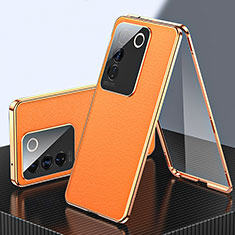 Funda Lujo Marco de Aluminio y Cuero Carcasa 360 Grados para Vivo V27 Pro 5G Naranja