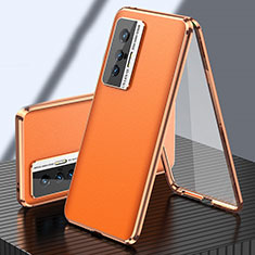 Funda Lujo Marco de Aluminio y Cuero Carcasa 360 Grados para Vivo X70t Naranja