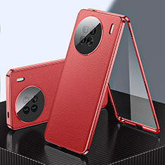 Funda Lujo Marco de Aluminio y Cuero Carcasa 360 Grados para Vivo X90 Pro 5G Rojo