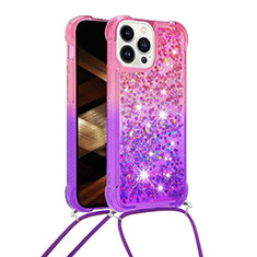 Funda Silicona Carcasa Goma Bling-Bling con Acollador Cordon Lanyard S01 para Apple iPhone 15 Pro Max Rosa Roja